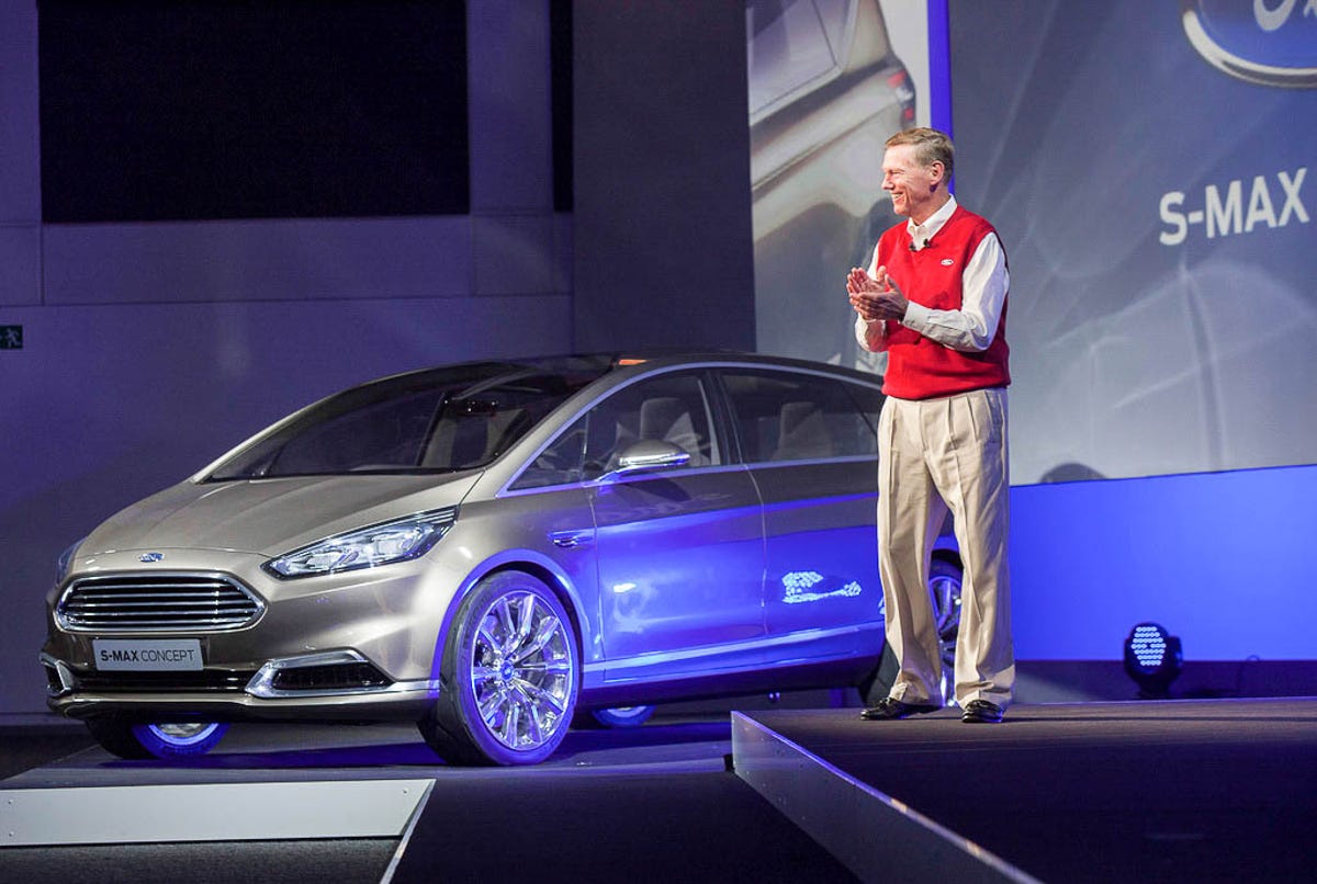 Ford CEO Alan Mulally next to an electronically augmented S-Max concept car at the IFA show in Berlin