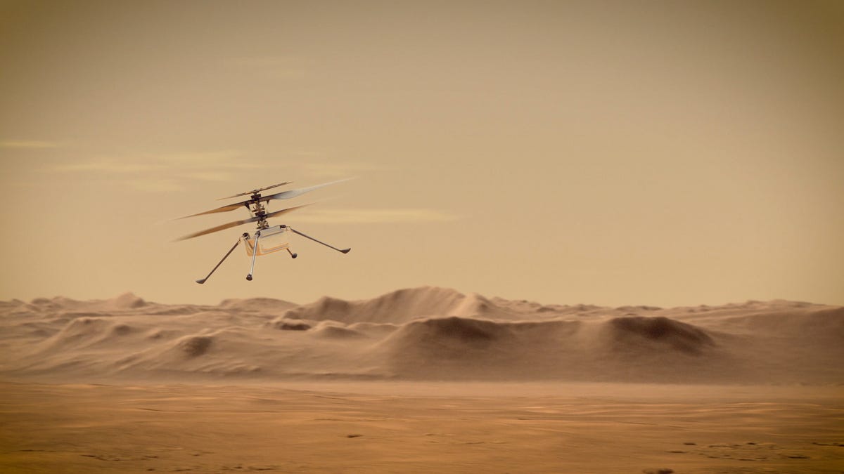 An artist's concept of NASA's Ingenuity Mars helicopter taking flight.