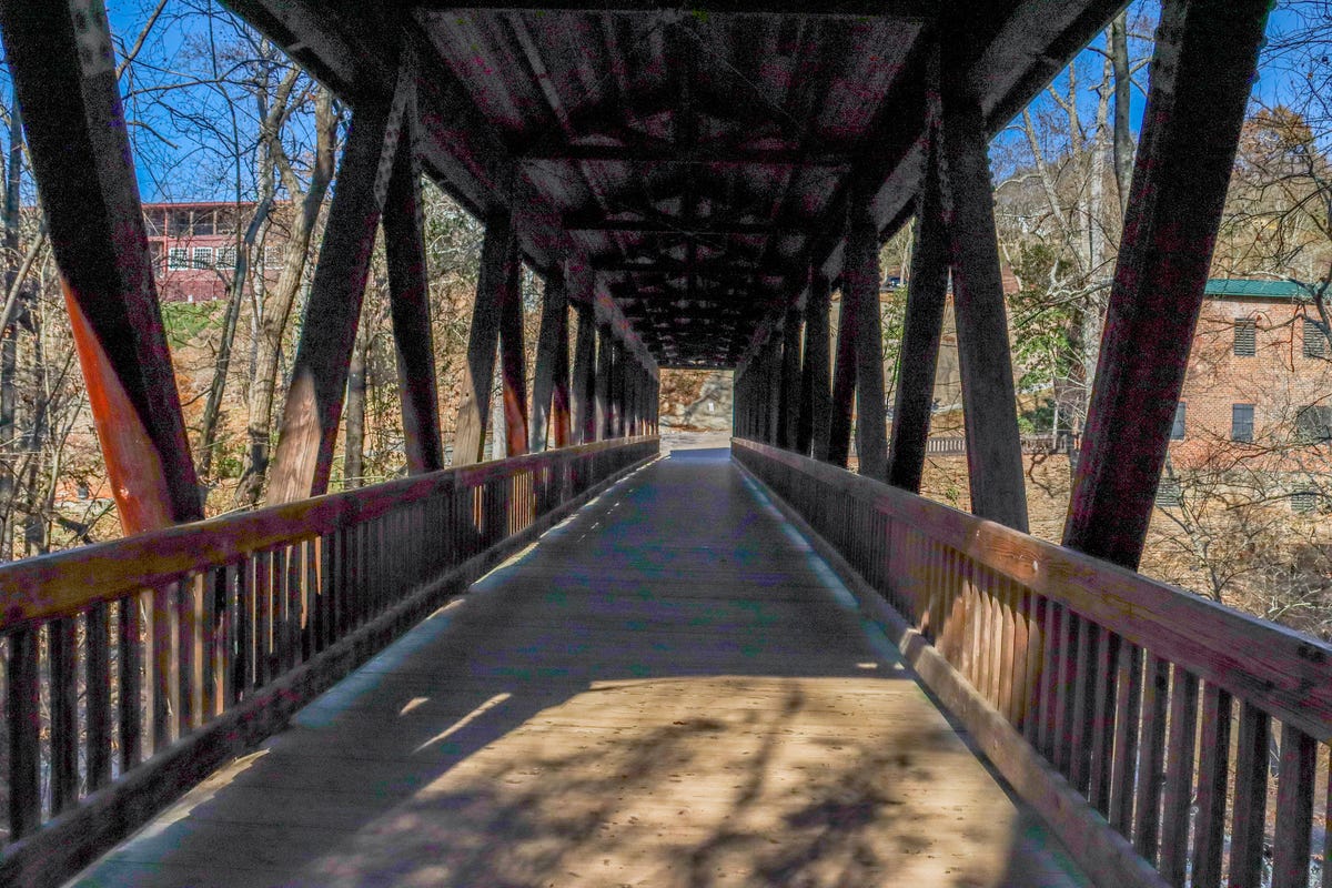 A view across the Roswell Mill Covered Bridge in Roswell, Georgia