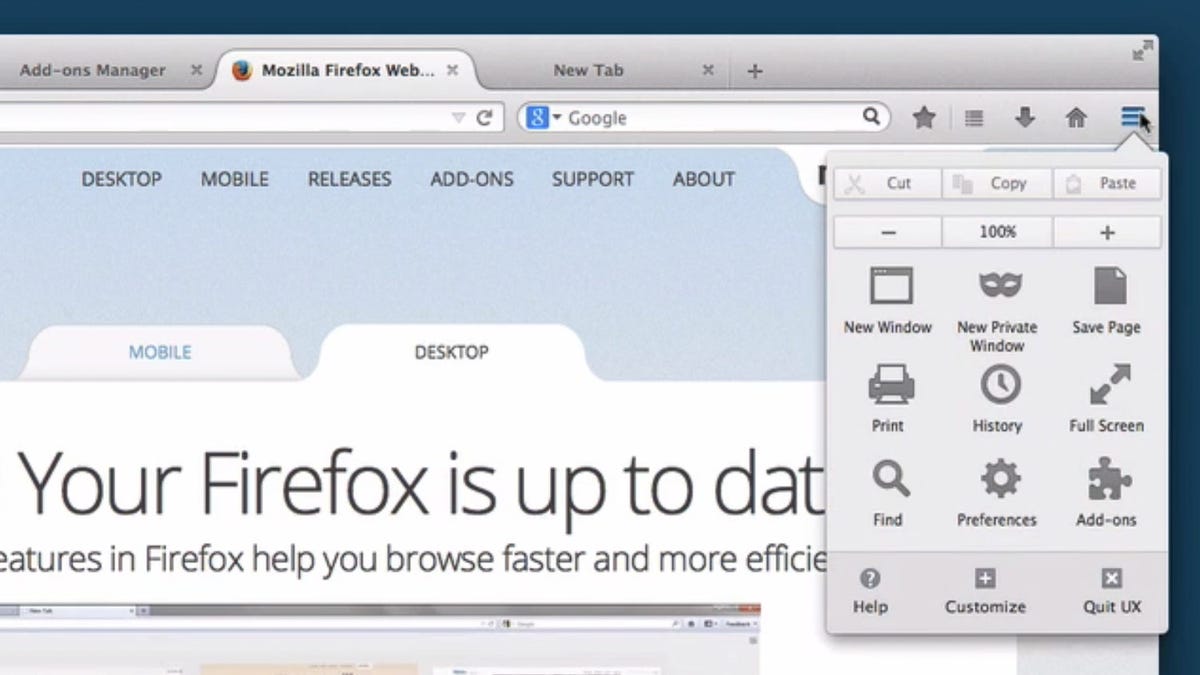 Firefox's menu under the Australis interface turns into a panel -- a grid of links.