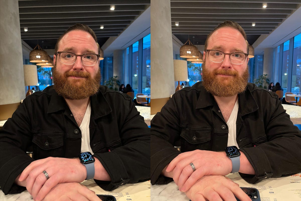 Two side-by-side photos of a man with a beard sitting at a cafe.