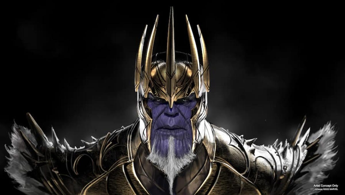 A bearded, crown-wearing King Thanos from the Disneyland Avengers Campus expansion