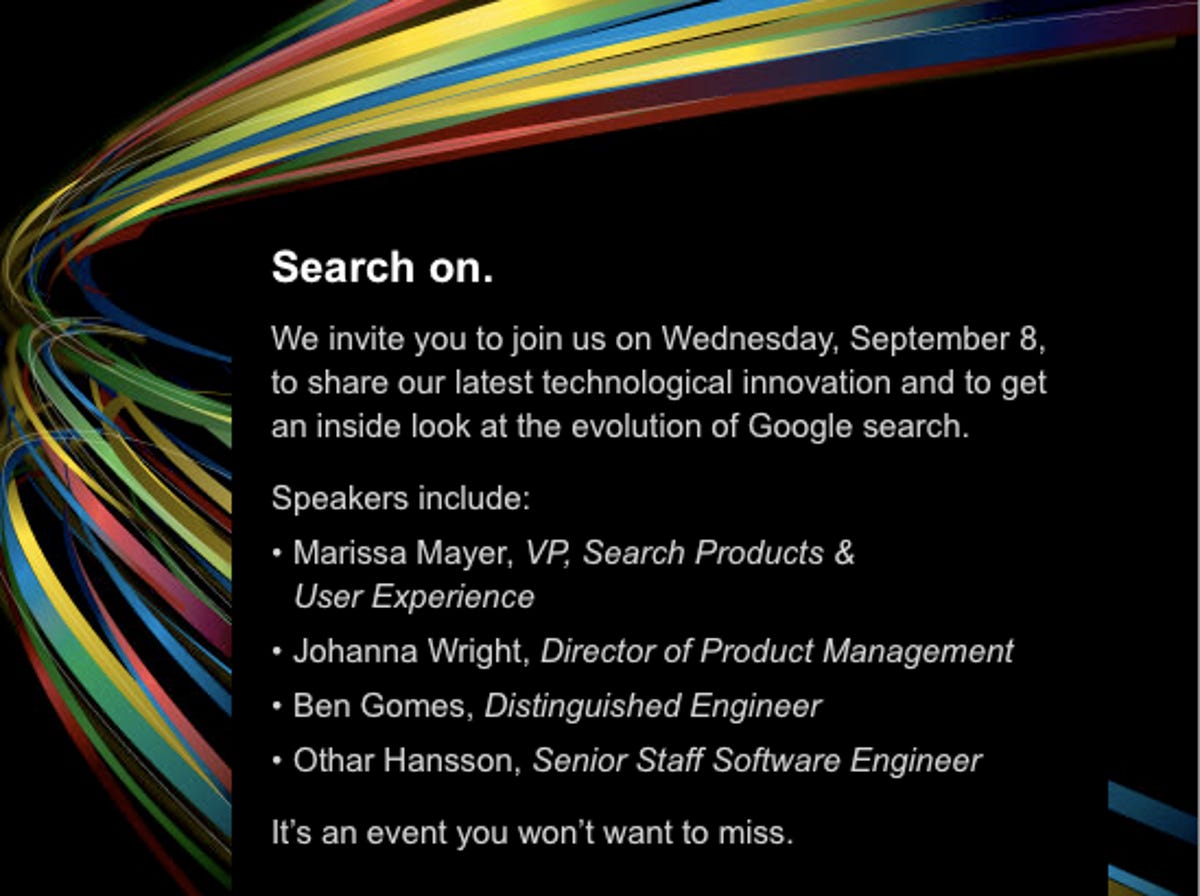 Invitation to the Google search event held on Wednesday, September 8.