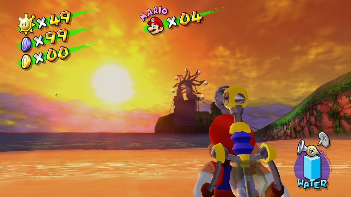 Mario on a beach at sunset