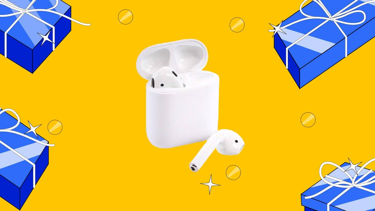 A pair of 2nd-gen AirPods in front of a yellow background surrounded by blue wrapped presents.
