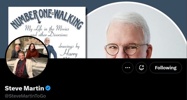Steve Martin's Twitter header showing the top of his head, his iconic white hair, an avatar with his Only Murders co-stars and a blue check mark next to his name.