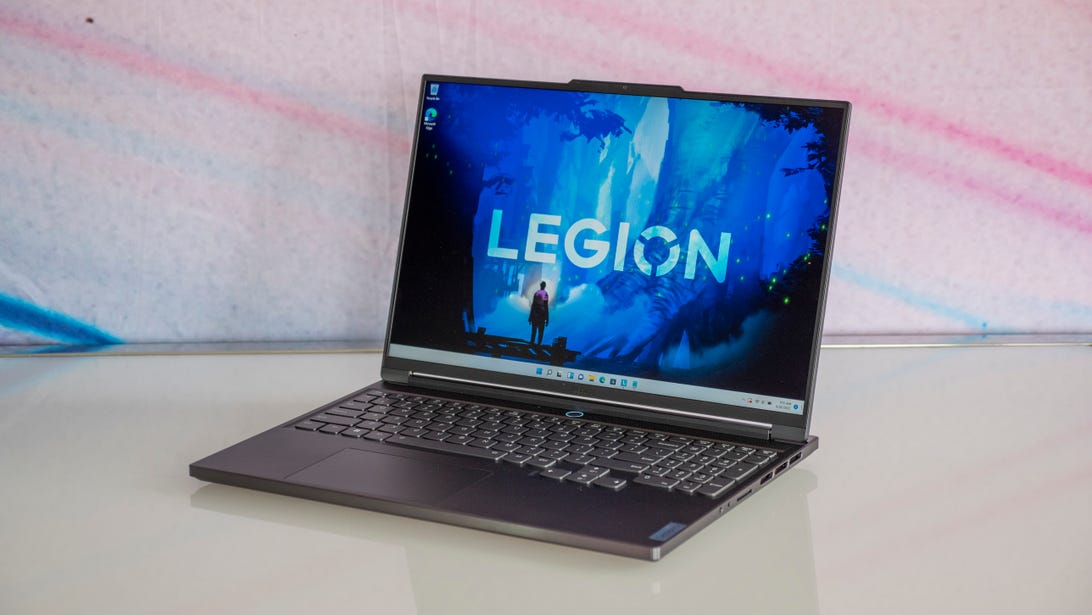 Lenovo Legion Slim 7 open on a table at an angle