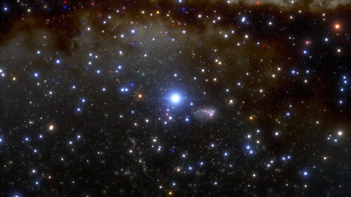 Hyperrealistic illustration of R136a1, shown as a bluish-white light spot in the center. It is much larger than all the other colored light spots around.