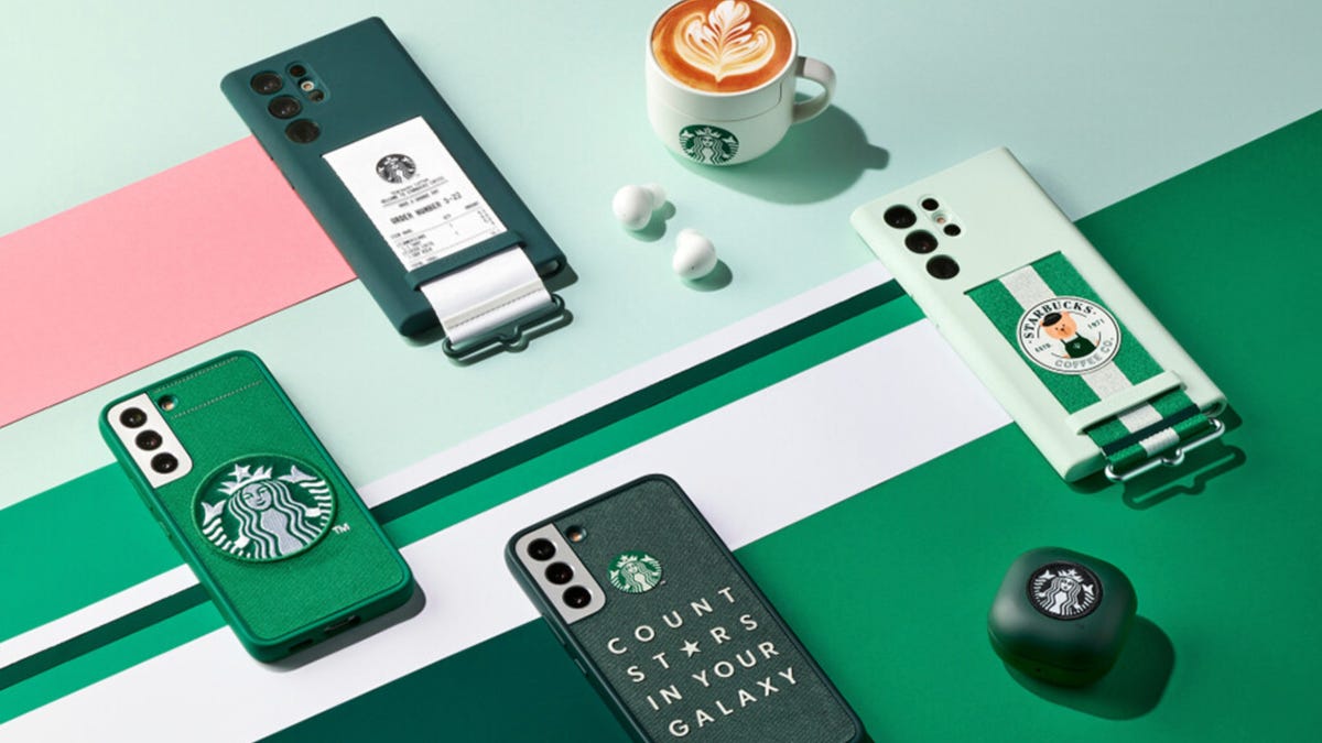 Phone and earbud cases from the Samsung-Starbucks collaboration.