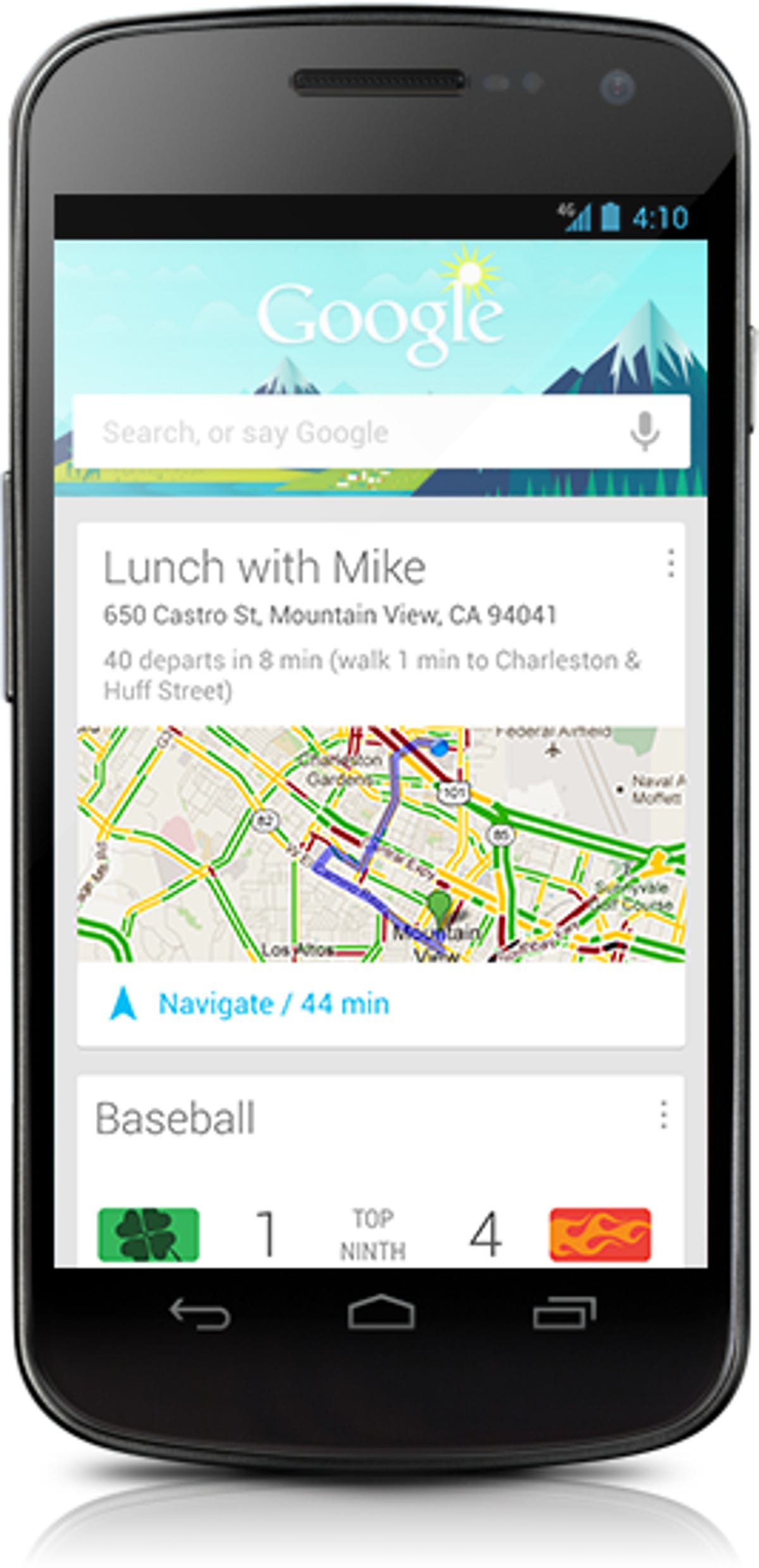 Google Now attempts to present relevant information, automatically, when you need it. Examples here include a meeting and results from a game.