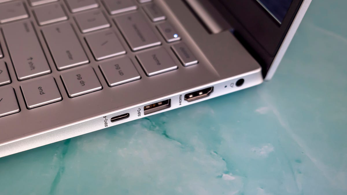A close-up view of the HP Pavilion 14 laptop's ports on the right side.