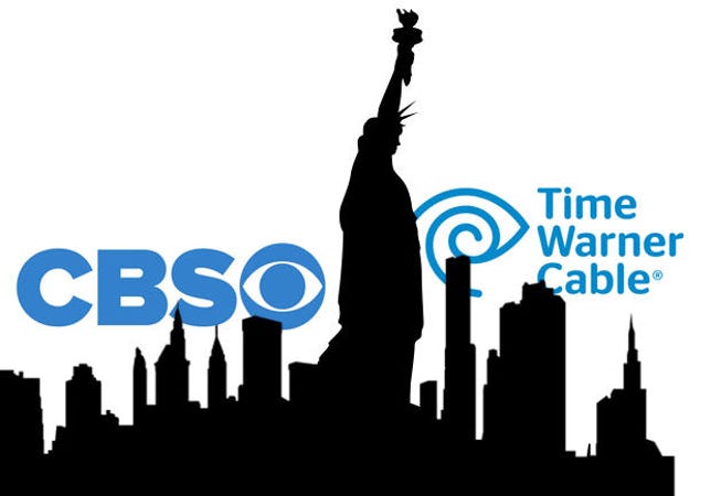 CBS and Time Warner Cable logos, against the New York skyline