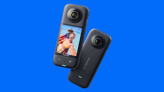 Two Insta360 X3 cameras side by side showing the front of one on the left with the new 2.3-inch touchscreen and controls and the rear of the camera on the right on a blue background.