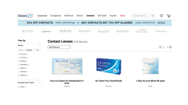 Captura de pantalla de la página de inicio de GlassesUSA.com