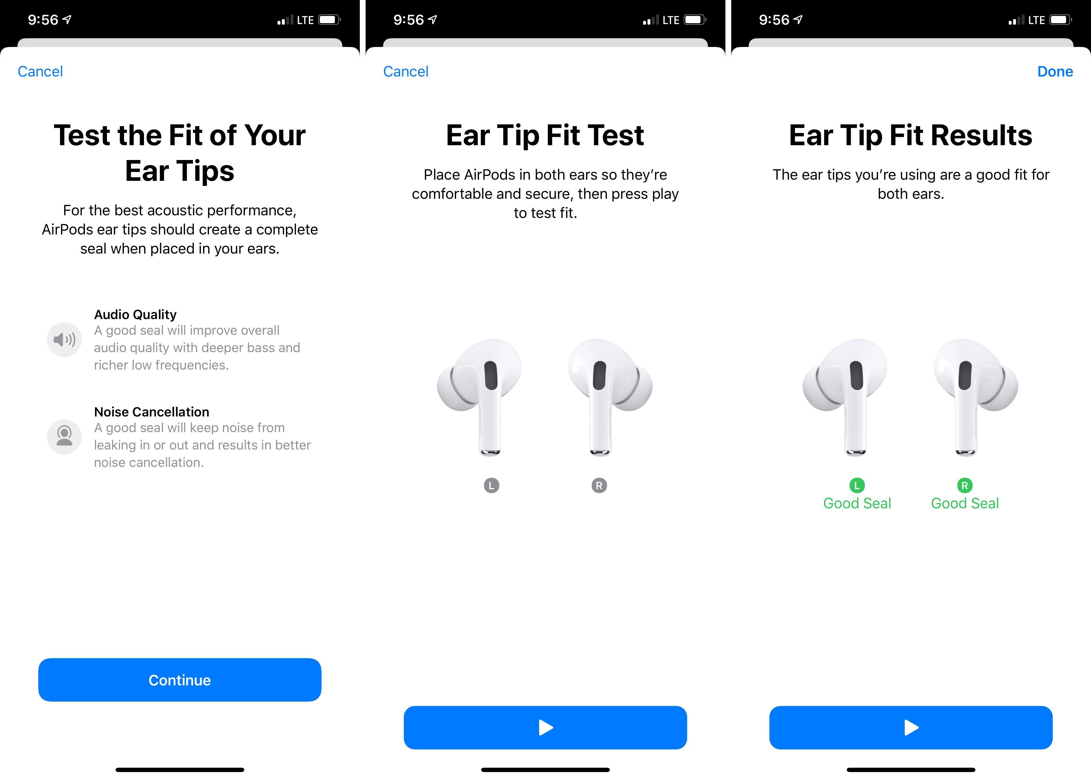IPhone instructions for using the AirPods Pro eartip fit test