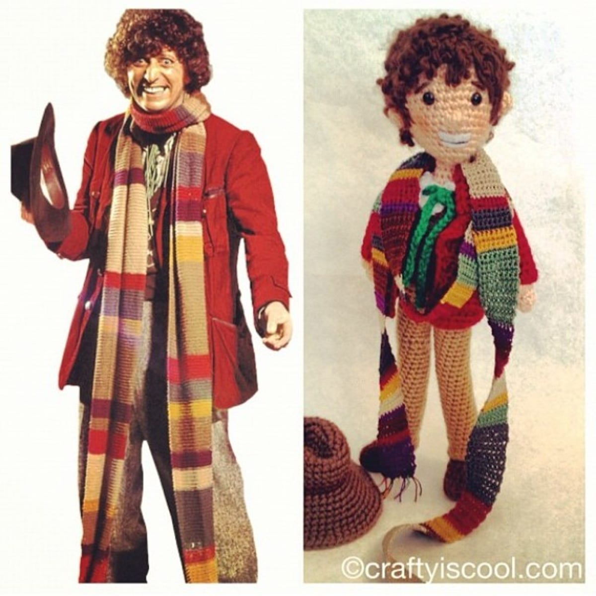 Even Tom Baker's friendly grin is detailed in the amigurumi "Doctor Who" doll made by Allison Hoffman.