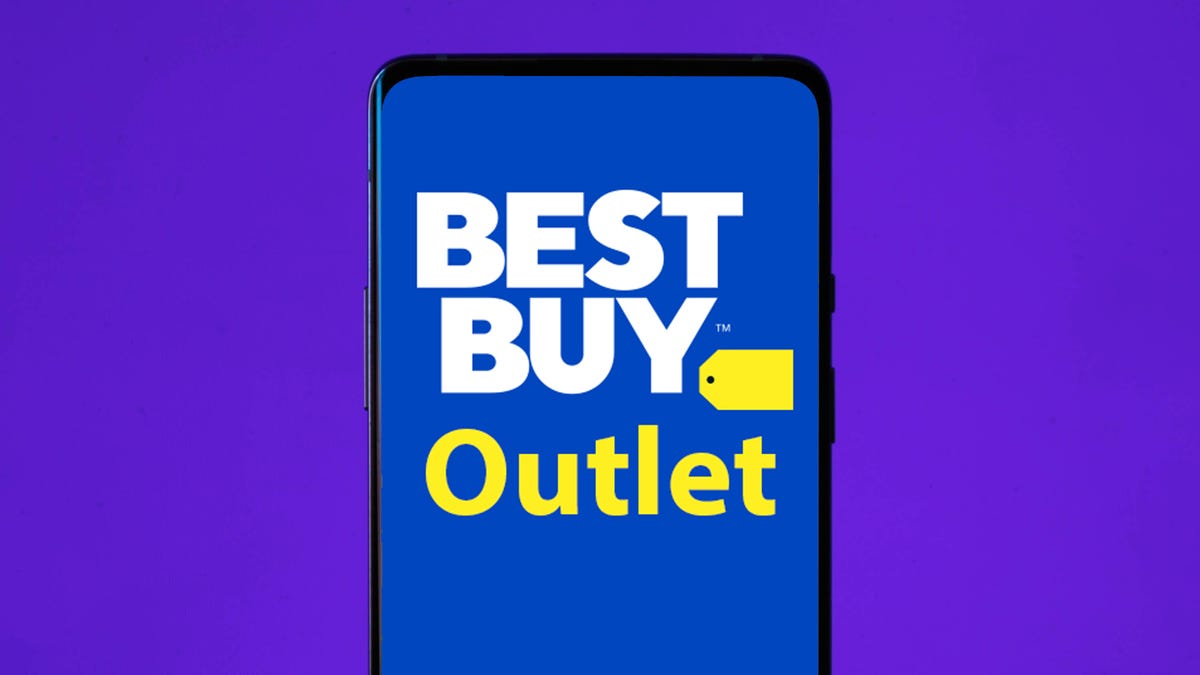 Best Buy Outlet logo on a phone on a purple background