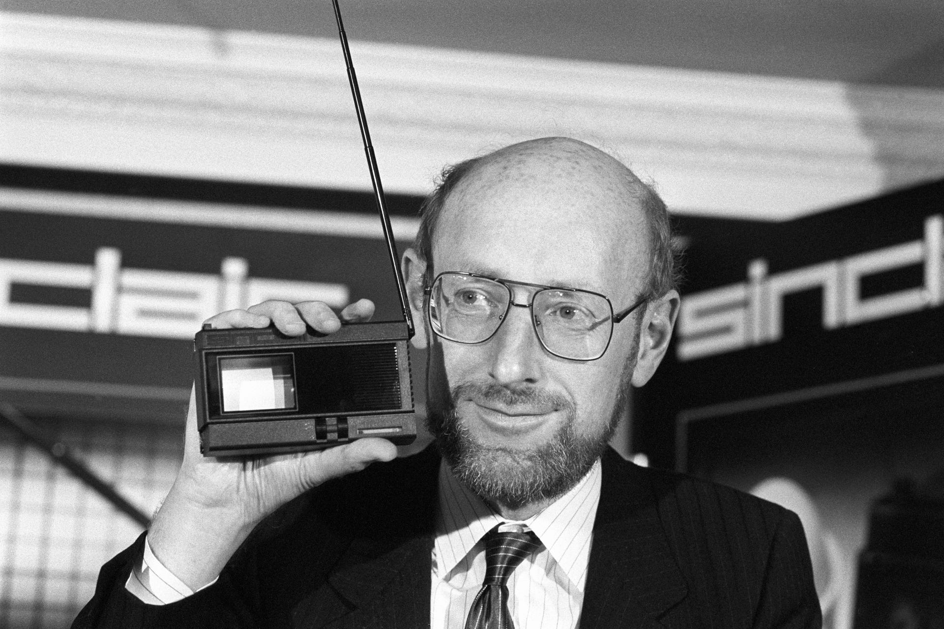 Clive Sinclair, founder and chairman of Sinclair Research, at the launch of the Sinclair 2-inch pocket television