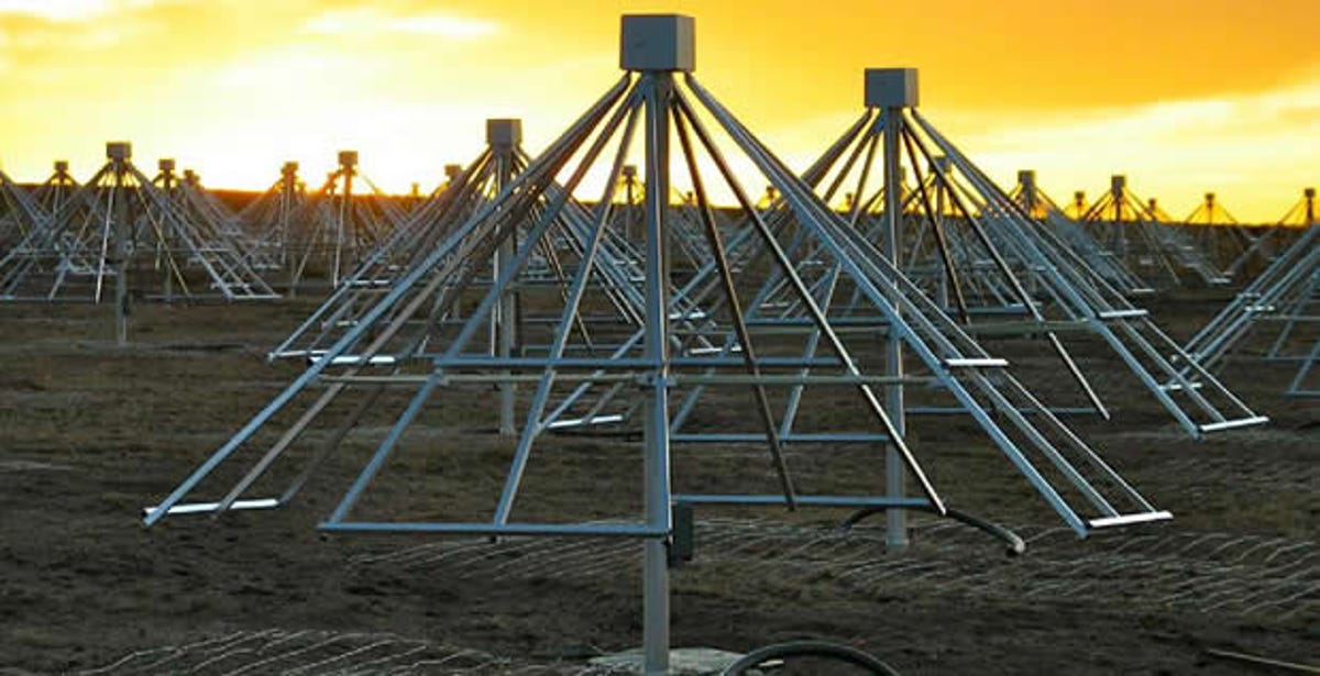 Multiple antennas of the LWA-1 station of the Long Wavelength Array in central New Mexico.