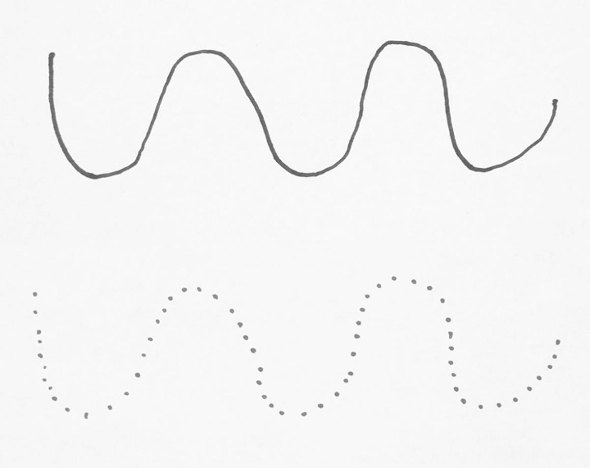Analog waveforms (top) are continuous and theoretically have an infinite resolution.  Digital audio on the other hand is sampled and does not have continuous waveforms.