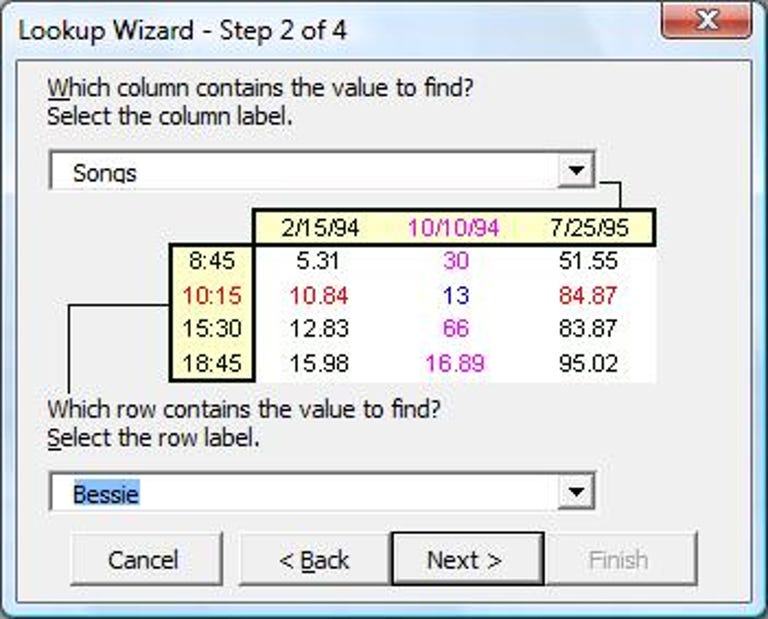 Step 2 of Microsoft Excel's Lookup Wizard