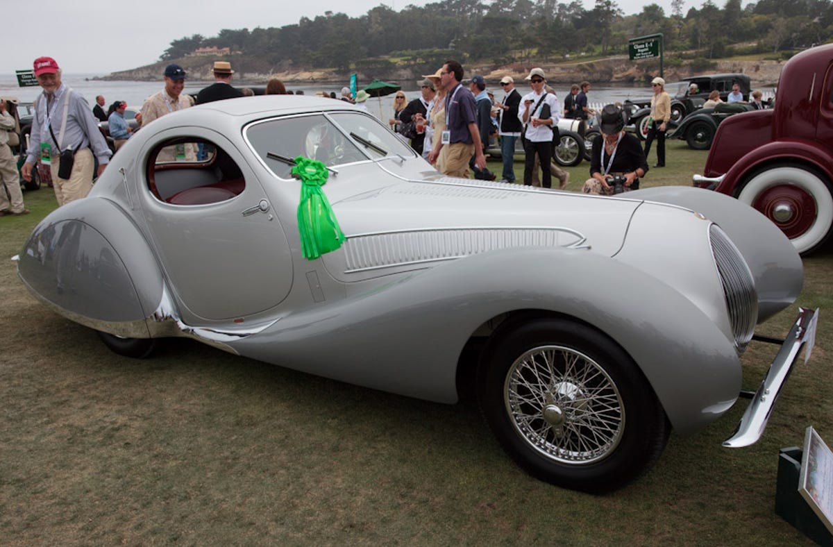 This Talbot-Lago T150C SS Figoni et Falaschi Coupe dates from 1938. The C stands for course, French for racing; the SS for Super Sports, used to indicate a shorter variant of the curvaceous design.