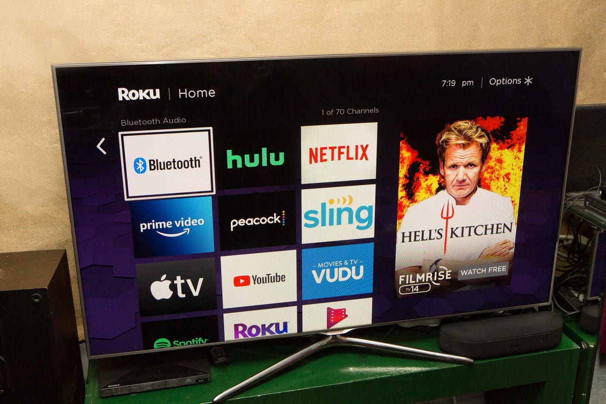 A 2020 Roku Streambar's interface on a TV