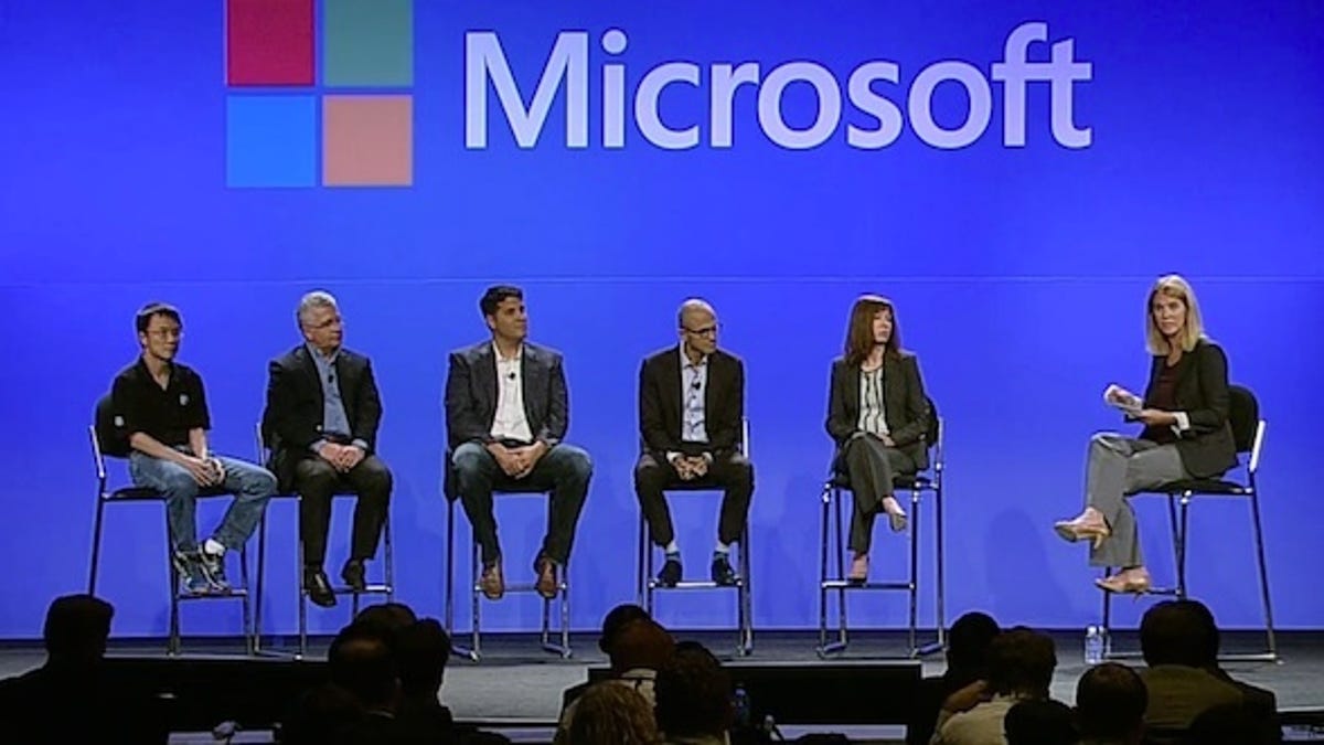 Microsoft&apos;s panel at its analyst meeting on Thursday.  Terry Myerson, executive vice president of operating systems, is the third from left.
