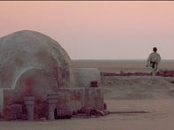 <p>A memorable scene from 1977's Star Wars depicting Luke Skywalker on his home planet of Tatooine</p>