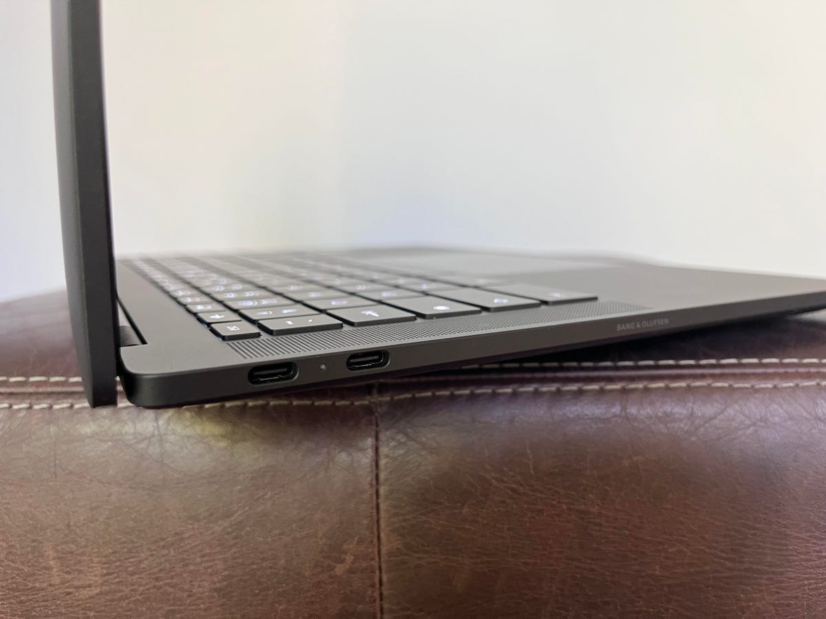 HP Dragonfly Pro Chromebook from the side showing two Thunderbolt 4 ports