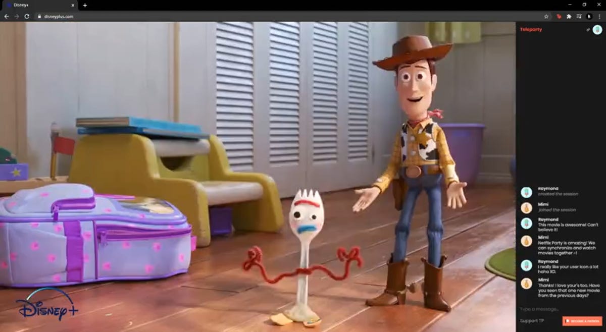 A Teleparty window on Disney Plus. The movie playing is Toy Story 4
