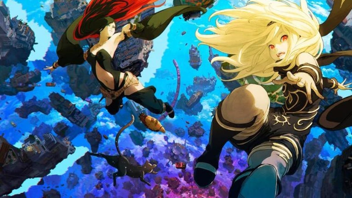 Two characters fly amid objects in a colorful scene from the game Gravity Rush