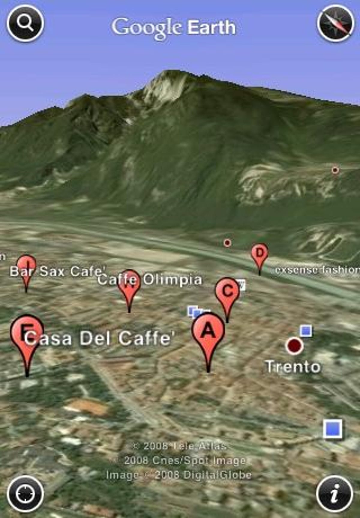 Search results show as pushpins on the Google Earth view.