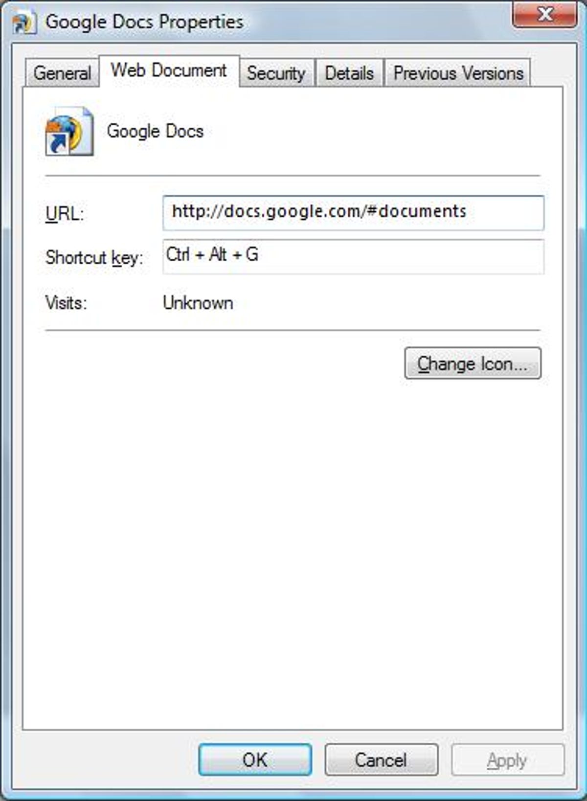 The Google Docs Shortcut Properties dialog box