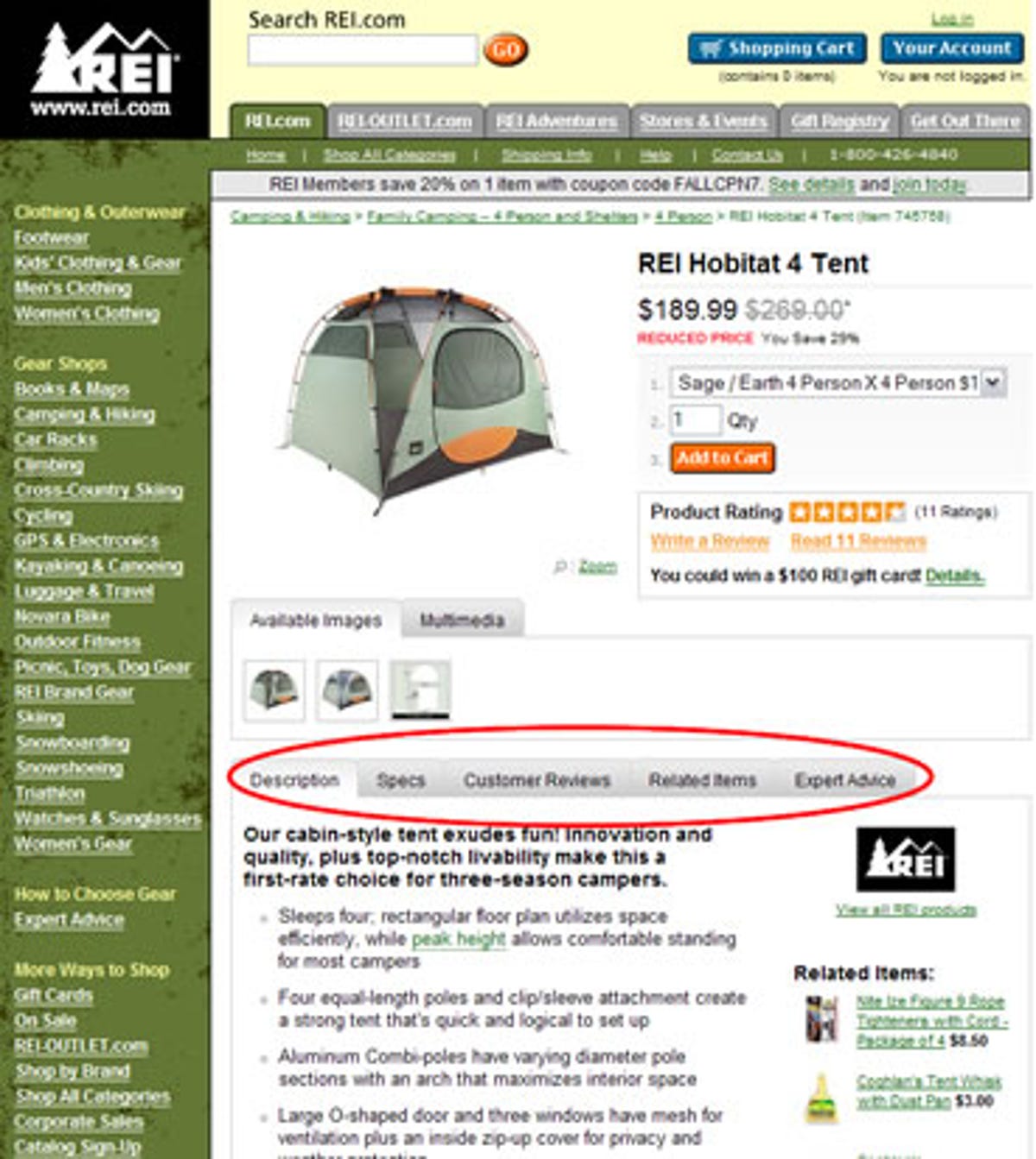 REI tabbed content sections on product detail pages.