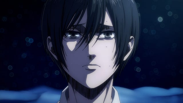 animated Attack on Titan character stares with glossy eyes