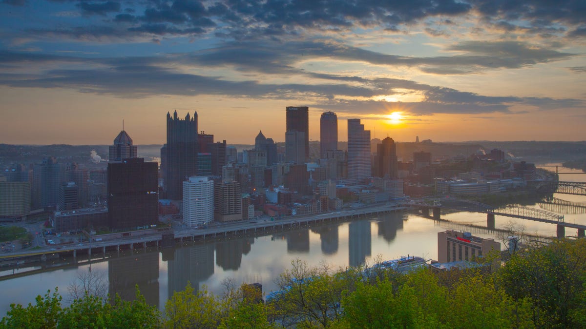 Sunrise over the Pittsburgh skyline.
