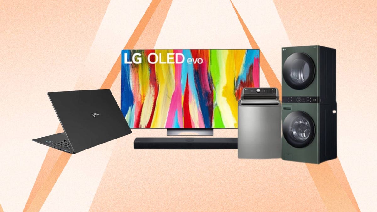 LG products including a laptop, a TV, a soundbar and some home appliances are displayed against an orange background.