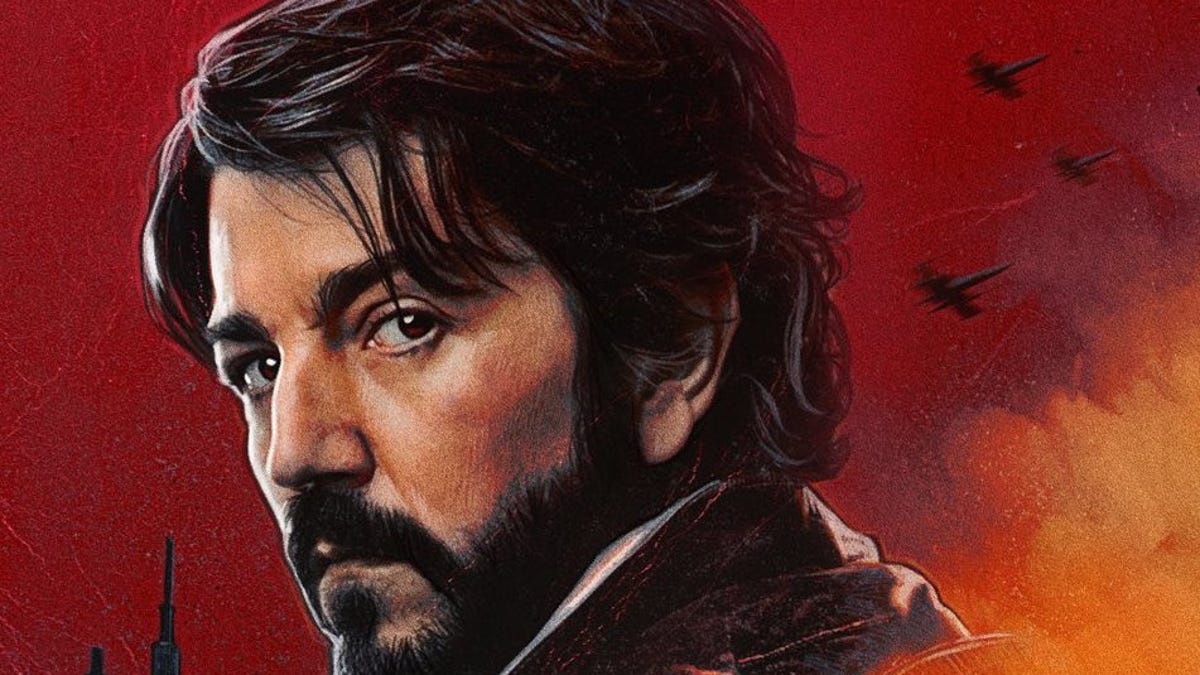 Cassian Andor gazes over his shoulder against a red background in this Andor poster