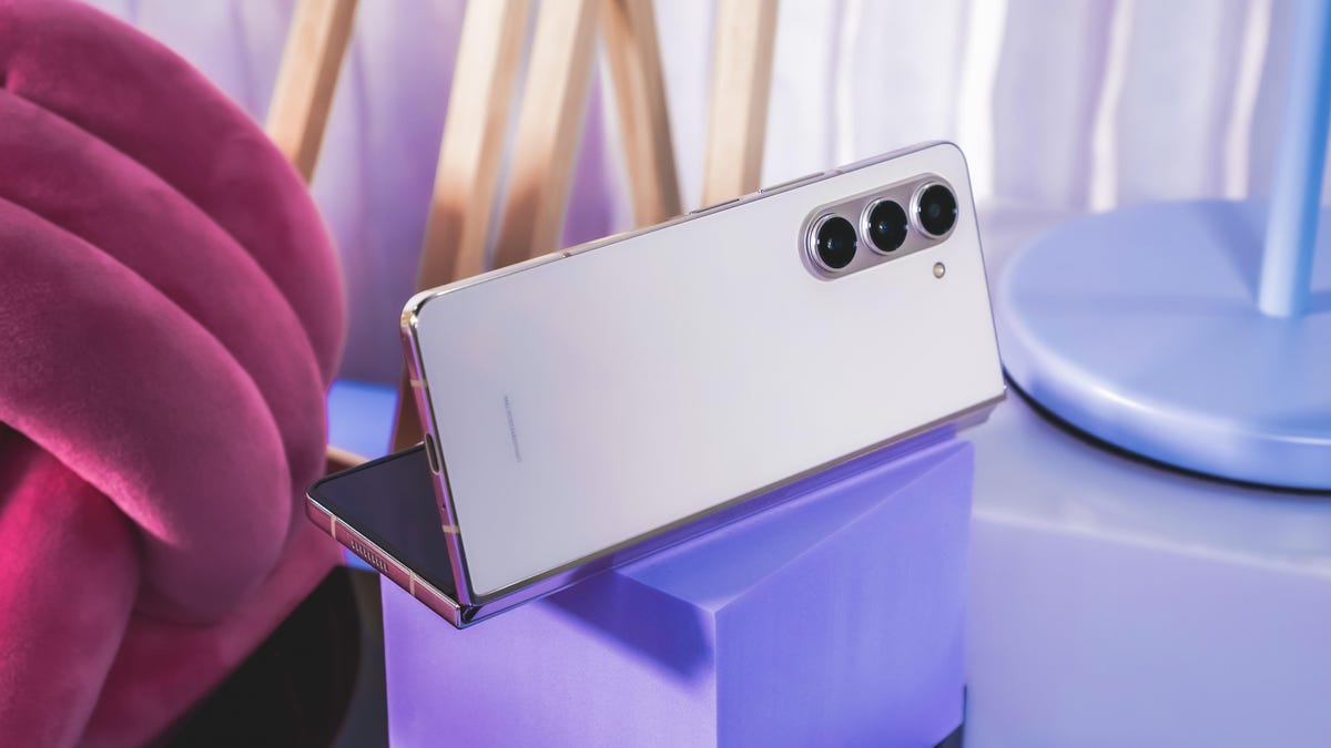 The new Samsung Galaxy Z Fold 5 phone on its side show the camera lenses