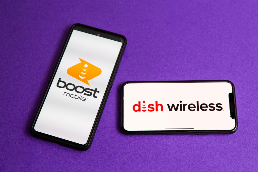 boost mobile and dish wireless logos on phones