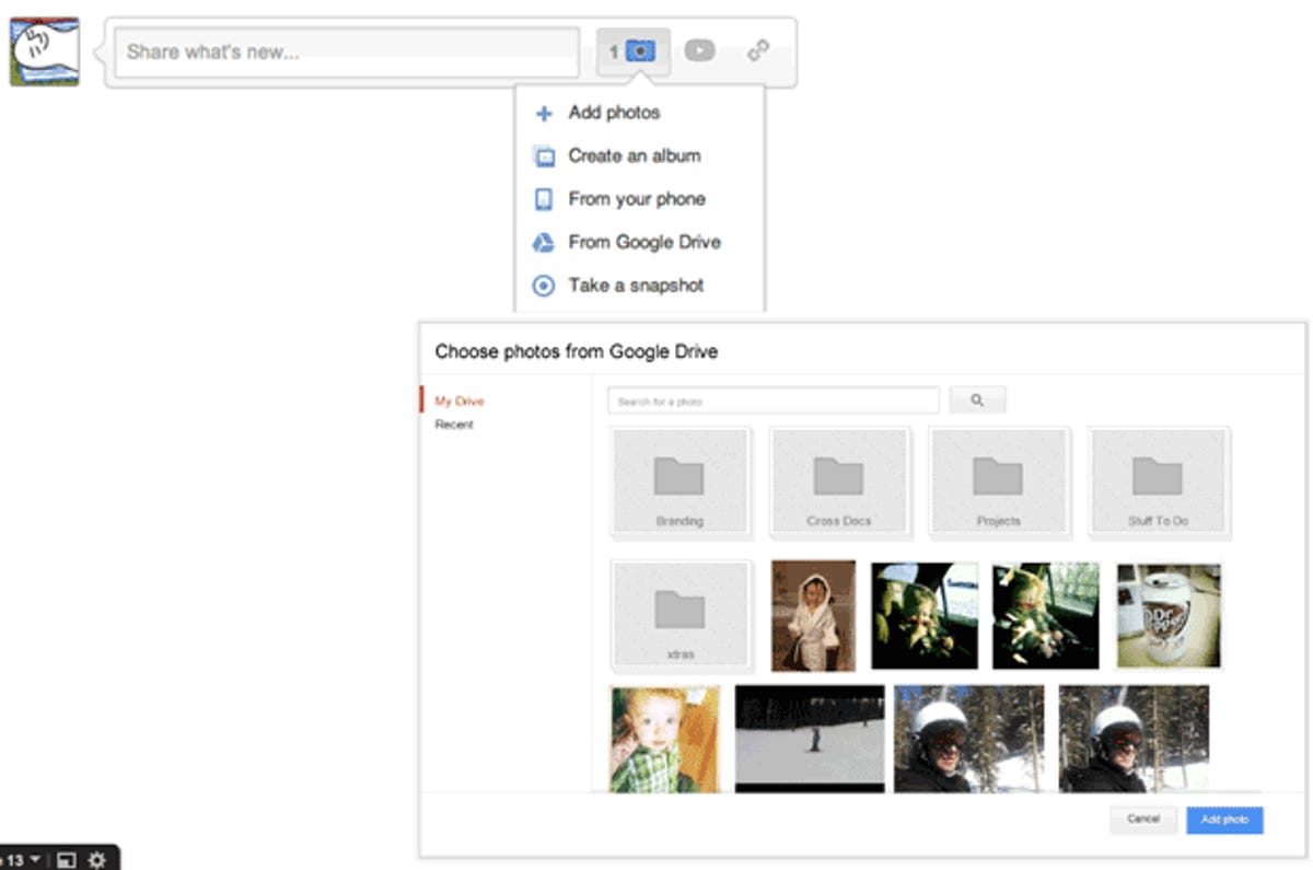 Google Drive integrates with other Google services, in this case letting a person post a file to Google+. Gmail integration is coming so Google Drive documents can be used as attachments, and a link to Chrome OS file management also is planned.