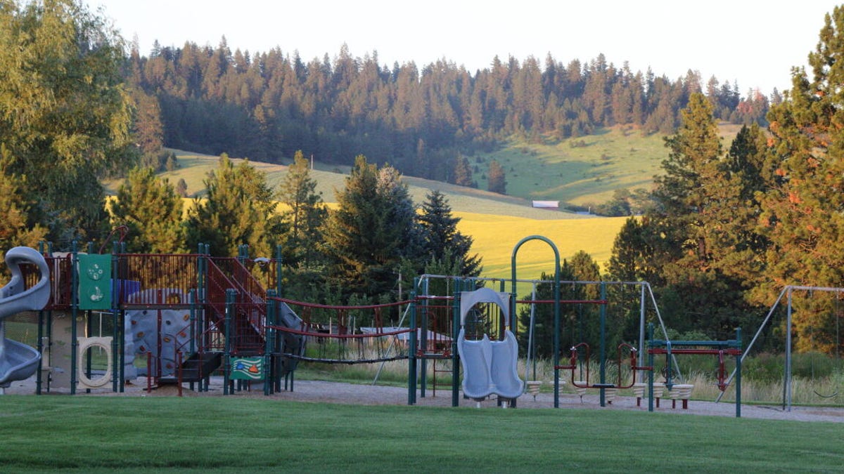 School playground in front of rolling hills