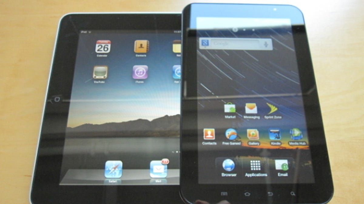 Samsung's Galaxy Tab stacked on top of Apple's first-generation iPad.