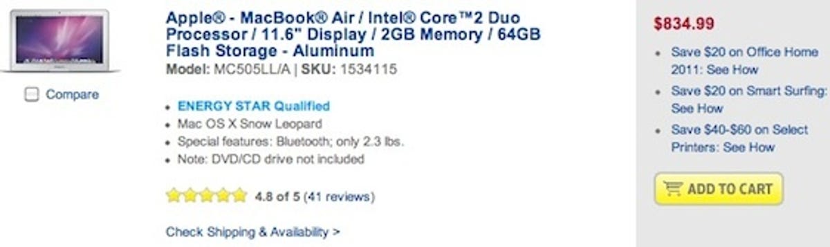 A new 2010 11.6-inch MacBook Air listed for $834.99 at Best Buy on Saturday.