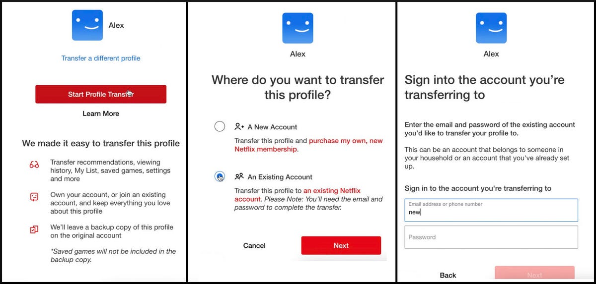 three panels of the process for transferring your Netflix profile to a different account