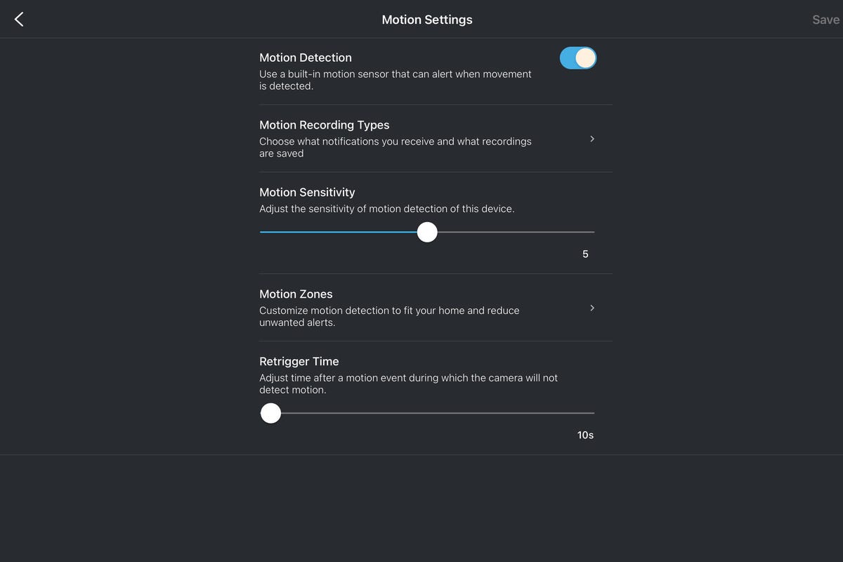 The motion detection settings page for a Blink Mini 2.