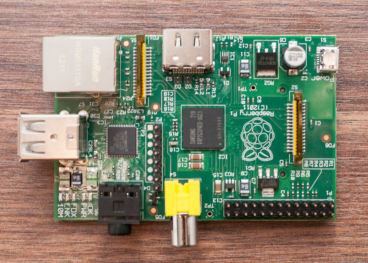 In the middle of the Raspberry Pi, the Broadcom BCM2835 system-on-a-chip.