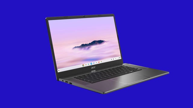 Acer Chromebook Plus 515 open with the front facing right on a blue background.