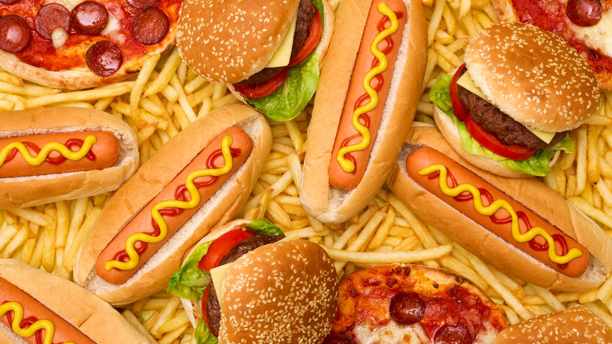 Fast food such as hotdogs, pizza, burgers and french fries